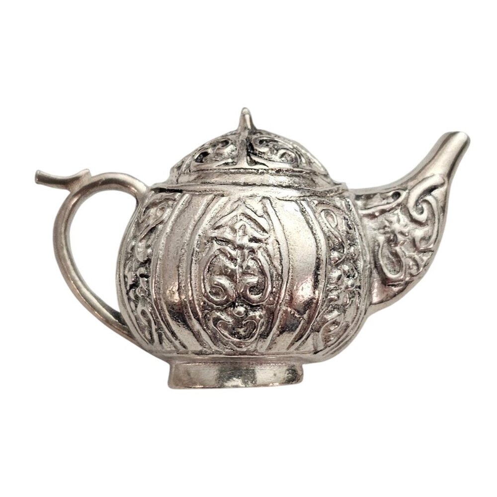 Sterling Silver Repousse Teapot Brooch Scroll Design Pin J379